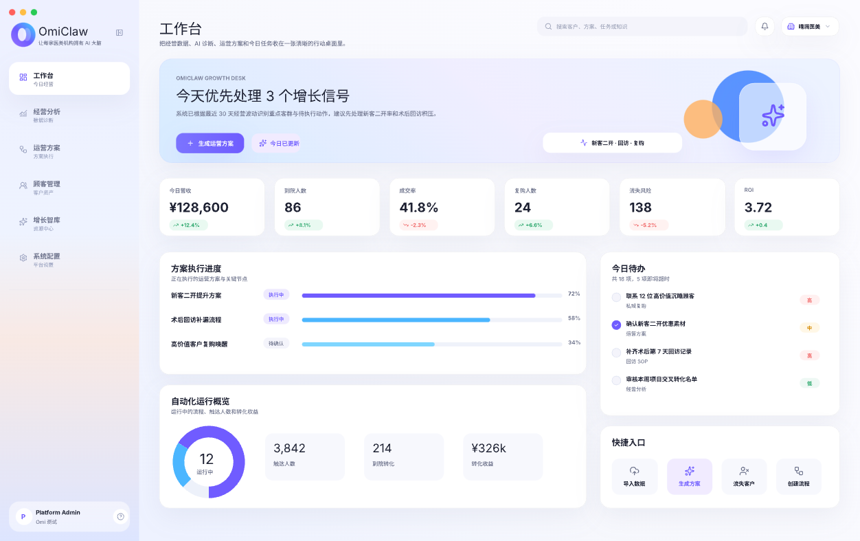OmiClaw 医美机构 AI 增长智能体产品工作台界面截图